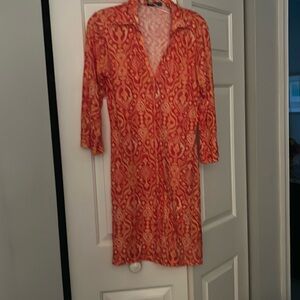 David Cline Orange and Red Patterned Dress large
